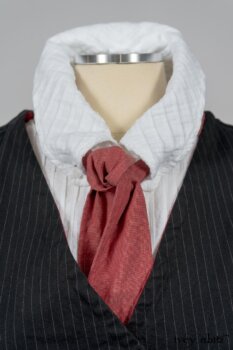 Highlands Shirt in White Wainscot Weave; Fairholme Necktie in Red Door Washed Cotton; Limited Edition Arthur Hill Frock in Royal Pinstripe Twill; Montague Trousers in Lakeland Woven Stripe. By Ivey Abitz