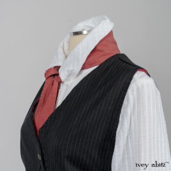 Highlands Shirt in White Wainscot Weave; Fairholme Necktie in Red Door Washed Cotton; Limited Edition Arthur Hill Frock in Royal Pinstripe Twill; Montague Trousers in Lakeland Woven Stripe. By Ivey Abitz