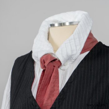 Highlands Shirt in White Wainscot Weave; Fairholme Necktie in Red Door Washed Cotton; Limited Edition Arthur Hill Frock in Royal Pinstripe Twill; Montague Trousers in Lakeland Woven Stripe. By Ivey Abitz