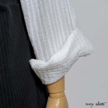 Highlands Shirt in White Wainscot Weave; Fairholme Necktie in Red Door Washed Cotton; Limited Edition Arthur Hill Frock in Royal Pinstripe Twill; Montague Trousers in Lakeland Woven Stripe. By Ivey Abitz
