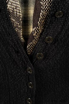 Clotaire Sash in Black and Natural Embroidered Floral Weave; Blanchefleur Frock in Black and Natural Plaid Weave; Elsie Duster Coat in Black Puckered Check Weave. By Ivey Abitz