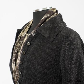 Clotaire Sash in Black and Natural Embroidered Floral Weave; Blanchefleur Frock in Black and Natural Plaid Weave; Elsie Duster Coat in Black Puckered Check Weave. By Ivey Abitz