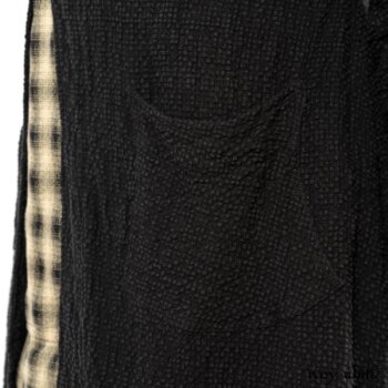 Clotaire Sash in Black and Natural Embroidered Floral Weave; Blanchefleur Frock in Black and Natural Plaid Weave; Elsie Duster Coat in Black Puckered Check Weave. By Ivey Abitz