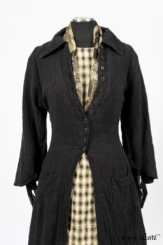 Clotaire Sash in Black and Natural Embroidered Floral Weave; Blanchefleur Frock in Black and Natural Plaid Weave; Elsie Duster Coat in Black Puckered Check Weave. By Ivey Abitz