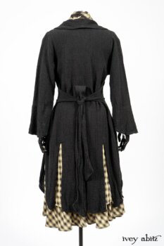 Clotaire Sash in Black and Natural Embroidered Floral Weave; Blanchefleur Frock in Black and Natural Plaid Weave; Elsie Duster Coat in Black Puckered Check Weave. By Ivey Abitz