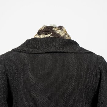 Clotaire Sash in Black and Natural Embroidered Floral Weave; Blanchefleur Frock in Black and Natural Plaid Weave; Elsie Duster Coat in Black Puckered Check Weave. By Ivey Abitz