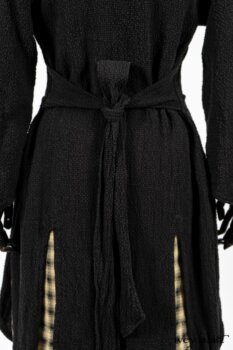 Clotaire Sash in Black and Natural Embroidered Floral Weave; Blanchefleur Frock in Black and Natural Plaid Weave; Elsie Duster Coat in Black Puckered Check Weave. By Ivey Abitz