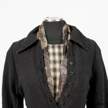 Clotaire Sash in Black and Natural Embroidered Floral Weave; Blanchefleur Frock in Black and Natural Plaid Weave; Elsie Duster Coat in Black Puckered Check Weave. By Ivey Abitz