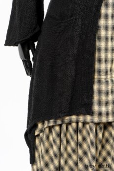 Clotaire Sash in Black and Natural Embroidered Floral Weave; Blanchefleur Frock in Black and Natural Plaid Weave; Elsie Duster Coat in Black Puckered Check Weave. By Ivey Abitz