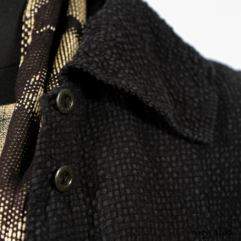 Clotaire Sash in Black and Natural Embroidered Floral Weave; Blanchefleur Frock in Black and Natural Plaid Weave; Elsie Duster Coat in Black Puckered Check Weave. By Ivey Abitz