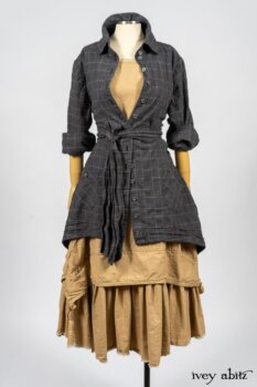 Limited Edition Amorette Shirt Jacket in Lakeland Glen Plaid Weave; Blanchefleur Frock in Sun and Sand Washed Stripe. By Ivey Abitz