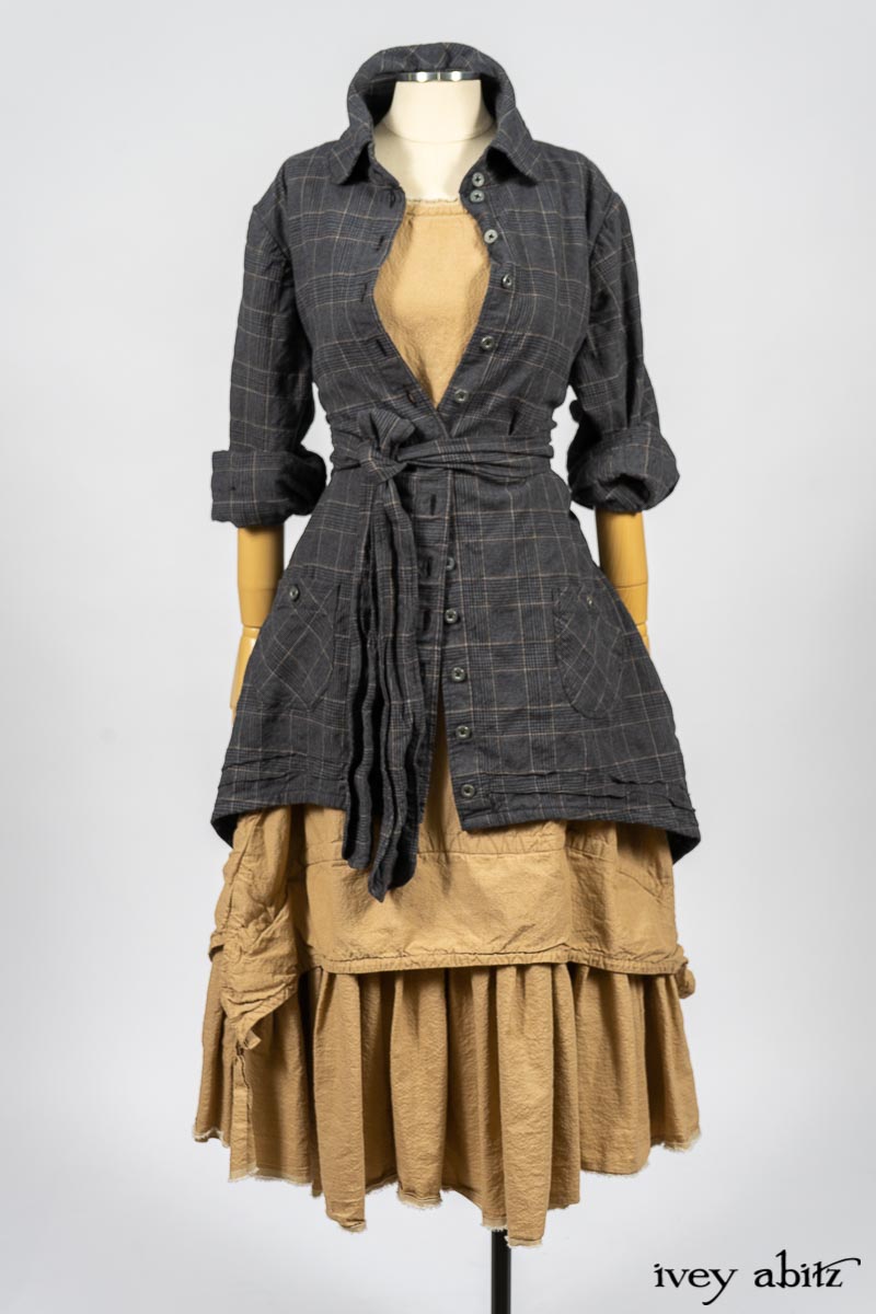Limited Edition Amorette Shirt Jacket in Lakeland Glen Plaid Weave; Blanchefleur Frock in Sun and Sand Washed Stripe. By Ivey Abitz