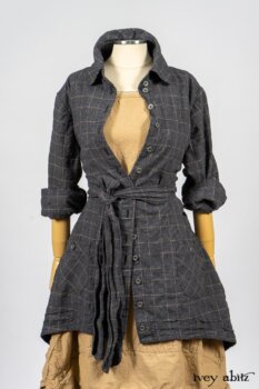 Limited Edition Amorette Shirt Jacket in Lakeland Glen Plaid Weave; Blanchefleur Frock in Sun and Sand Washed Stripe. By Ivey Abitz