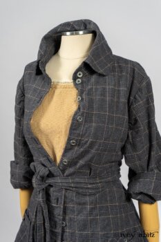 Limited Edition Amorette Shirt Jacket in Lakeland Glen Plaid Weave; Blanchefleur Frock in Sun and Sand Washed Stripe. By Ivey Abitz