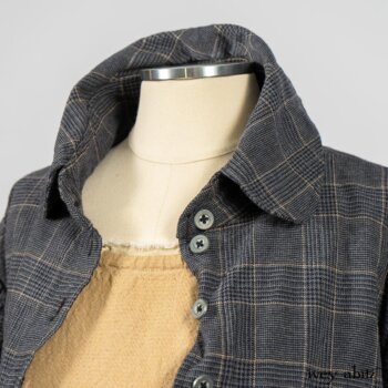 Limited Edition Amorette Shirt Jacket in Lakeland Glen Plaid Weave; Blanchefleur Frock in Sun and Sand Washed Stripe. By Ivey Abitz