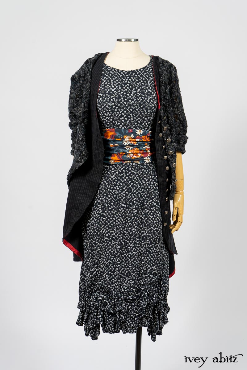 Limited Edition Elliot Jacket in Lakeland Floral Lace Knit; Limited Edition Arthur Hill Frock in Royal Pinstripe Twill; Limited Edition Porte Cochere Sash in Cottage Garden Weave; Fennefleur Frock in Lakeland Flutter Weave. By Ivey Abitz