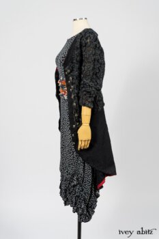 Limited Edition Elliot Jacket in Lakeland Floral Lace Knit; Limited Edition Arthur Hill Frock in Royal Pinstripe Twill; Limited Edition Porte Cochere Sash in Cottage Garden Weave; Fennefleur Frock in Lakeland Flutter Weave. By Ivey Abitz