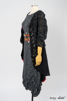 Limited Edition Elliot Jacket in Lakeland Floral Lace Knit; Limited Edition Arthur Hill Frock in Royal Pinstripe Twill; Limited Edition Porte Cochere Sash in Cottage Garden Weave; Fennefleur Frock in Lakeland Flutter Weave. By Ivey Abitz