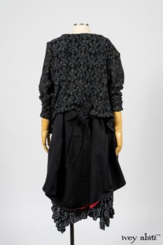 Limited Edition Elliot Jacket in Lakeland Floral Lace Knit; Limited Edition Arthur Hill Frock in Royal Pinstripe Twill; Limited Edition Porte Cochere Sash in Cottage Garden Weave; Fennefleur Frock in Lakeland Flutter Weave. By Ivey Abitz