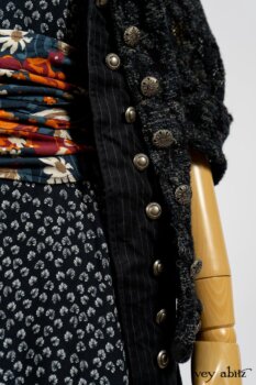 Limited Edition Elliot Jacket in Lakeland Floral Lace Knit; Limited Edition Arthur Hill Frock in Royal Pinstripe Twill; Limited Edition Porte Cochere Sash in Cottage Garden Weave; Fennefleur Frock in Lakeland Flutter Weave. By Ivey Abitz