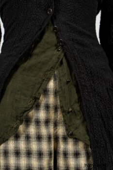 Elsie Duster Coat in Black Puckered Check Weave; Limited Edition Arthur Hill Shirt in Arthurian Green Cotton Voile; Blanchefleur Trousers in Black and Natural Plaid Weave. By Ivey Abitz