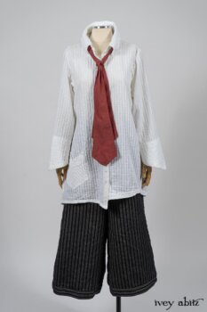 Highlands Shirt in White Clapboard Weave; Fairholme Necktie in Red Door Washed Cotton; Montague Trousers in Lakeland Woven Stripe. By Ivey Abitz