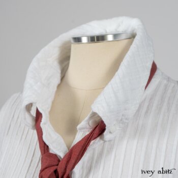 Highlands Shirt in White Clapboard Weave; Fairholme Necktie in Red Door Washed Cotton; Montague Trousers in Lakeland Woven Stripe. By Ivey Abitz