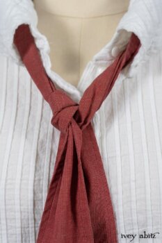 Highlands Shirt in White Clapboard Weave; Fairholme Necktie in Red Door Washed Cotton; Montague Trousers in Lakeland Woven Stripe. By Ivey Abitz