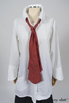 Highlands Shirt in White Clapboard Weave; Fairholme Necktie in Red Door Washed Cotton; Montague Trousers in Lakeland Woven Stripe. By Ivey Abitz