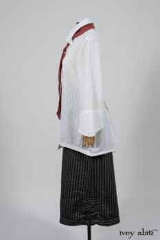 Highlands Shirt in White Clapboard Weave; Fairholme Necktie in Red Door Washed Cotton; Montague Trousers in Lakeland Woven Stripe. By Ivey Abitz