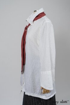 Highlands Shirt in White Clapboard Weave; Fairholme Necktie in Red Door Washed Cotton; Montague Trousers in Lakeland Woven Stripe. By Ivey Abitz