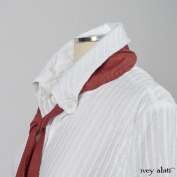 Highlands Shirt in White Clapboard Weave; Fairholme Necktie in Red Door Washed Cotton; Montague Trousers in Lakeland Woven Stripe. By Ivey Abitz