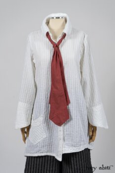 Highlands Shirt in White Clapboard Weave; Fairholme Necktie in Red Door Washed Cotton; Montague Trousers in Lakeland Woven Stripe. By Ivey Abitz