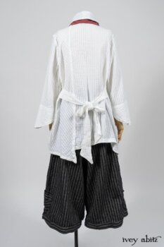 Highlands Shirt in White Clapboard Weave; Fairholme Necktie in Red Door Washed Cotton; Montague Trousers in Lakeland Woven Stripe. By Ivey Abitz