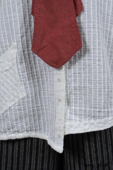 Highlands Shirt in White Clapboard Weave; Fairholme Necktie in Red Door Washed Cotton; Montague Trousers in Lakeland Woven Stripe. By Ivey Abitz
