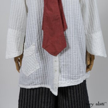 Highlands Shirt in White Clapboard Weave; Fairholme Necktie in Red Door Washed Cotton; Montague Trousers in Lakeland Woven Stripe. By Ivey Abitz