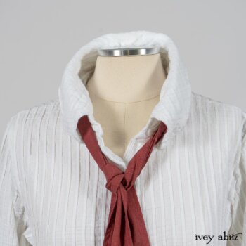 Highlands Shirt in White Clapboard Weave; Fairholme Necktie in Red Door Washed Cotton; Montague Trousers in Lakeland Woven Stripe. By Ivey Abitz