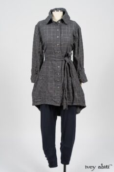 Limited Edition Amorette Shirt Jacket in Lakeland Glen Plaid Weave; Pierrepont Leggings Breeches in Fresh Water Melange Knit. By Ivey Abitz