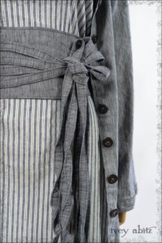 Porte Cochere Shirt Jacket in Sacred Lake Striated Stretch Linen; Porte Cochere Sash in Sacred Lake Strated Linen; Gabled Frock in Sacred Lake Stripe Stretch Linen.