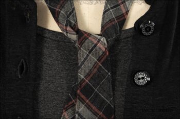 Eugenia Jacket in Black Lightweight Linen Knit; Sophia Necktie in Black and Cordelia Rose Plaid Cotton; Cilla Slip Frock in Wolfie Grey Melange Knit; Fairholme Skirt in Black and White Plaid Stretch Linen.