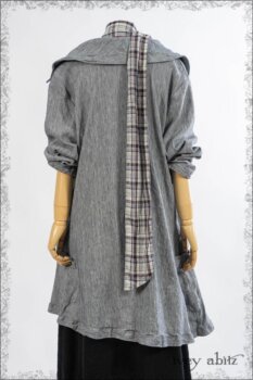 Porte Cochere Shirt Jacket in Sacred Lake Striated Stretch Linen; Cavendish Cardigan in Shore Path Lightweight Linen Knit; Blanchefleur Sash in Sacred Lake Plaid Cotton; Mewland Frock in Shore Path Pebbled Cotton Linen.