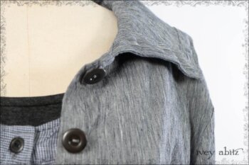 Porte Cochere Shirt Jacket in Sacred Lake Striated Stretch Linen; Porte Cochere Frock in Sacred Lake Houndstooth Linen; Porte Cochere Sash in Sacred Lake Striated Stretch Linen; Cilla Slip Frock in Wolfie Grey Melange Knit.