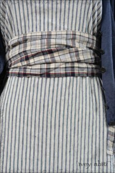 Elliot Jacket in Sacred Lake Lightweight Linen Knit; Blanchefleur Sash in Sacred Lake Plaid Cotton; Gabled Frock in Sacred Lake Stripe Stretch Linen.