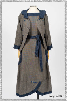 Sennen Jacket in Estuary Petite Check with Estuary Wondrous Washed Linen details; Sennen Frock in Estuary Petite Weave with Estuary Wondrous Washed Linen details. Ivey Abitz bespoke clothing.