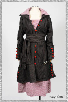 Pierrepont Duster Coat in Beacon Black and Red Pin Tuck Twill; Viv Frock in Red Sky at Night Stripe. Ivey Abitz bespoke clothing.