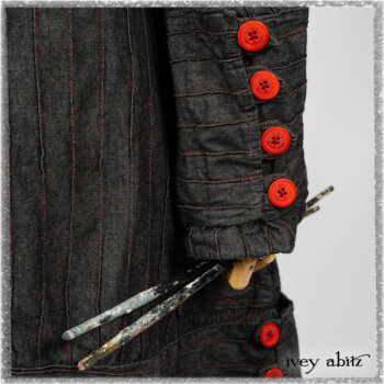 Pierrepont Duster Coat in Beacon Black and Red Pin Tuck Twill; Viv Frock in Red Sky at Night Stripe. Ivey Abitz bespoke clothing.