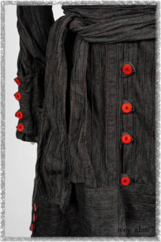 Pierrepont Duster Coat in Beacon Black and Red Pin Tuck Twill; Viv Frock in Red Sky at Night Stripe. Ivey Abitz bespoke clothing.
