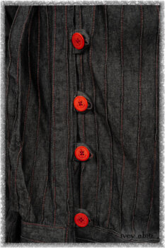 Pierrepont Duster Coat in Beacon Black and Red Pin Tuck Twill; Viv Frock in Red Sky at Night Stripe. Ivey Abitz bespoke clothing.