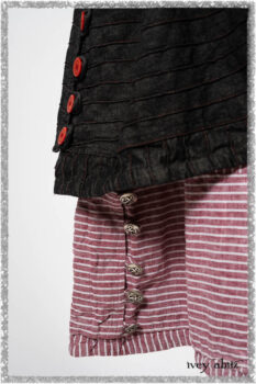 Pierrepont Duster Coat in Beacon Black and Red Pin Tuck Twill; Viv Frock in Red Sky at Night Stripe. Ivey Abitz bespoke clothing.