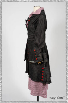 Pierrepont Duster Coat in Beacon Black and Red Pin Tuck Twill; Viv Frock in Red Sky at Night Stripe. Ivey Abitz bespoke clothing.